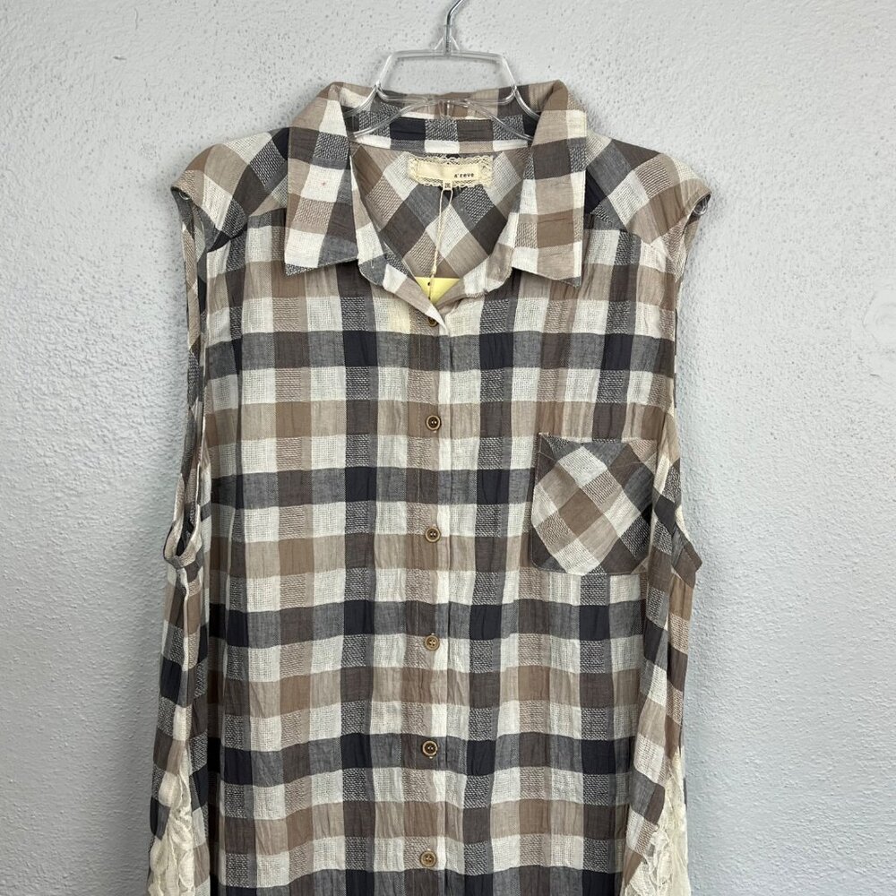 NWT A'reve Women's Plaid & Lace Button Up Sleeveless Shirt Dress Size 2XL - Picture 3 of 7